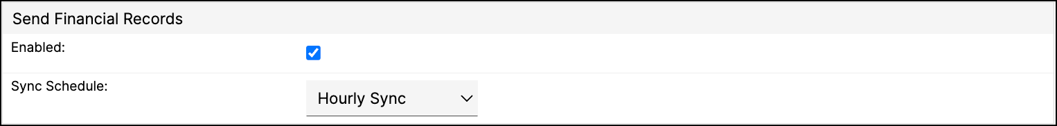 the Send Financial Records settings, enabled on an hourly sync