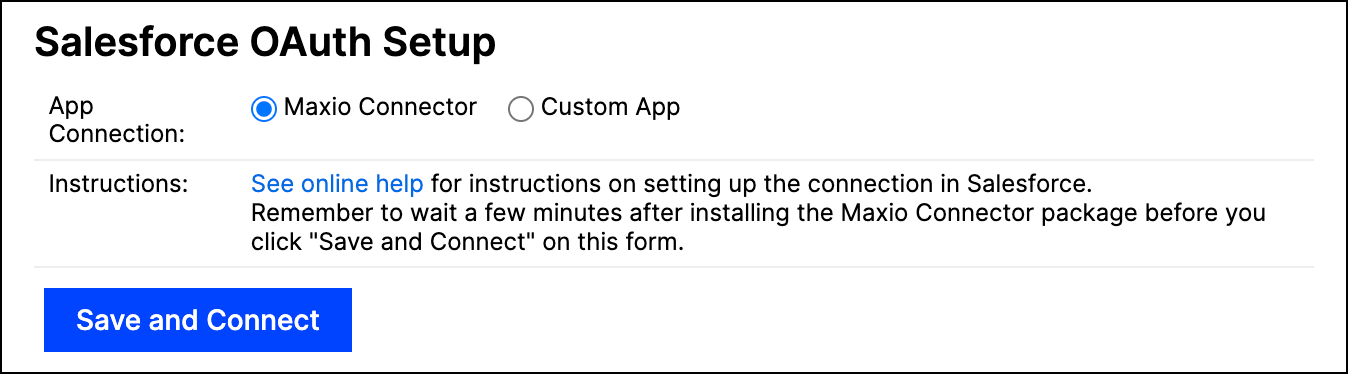 the Salesforce OAuth Setup screen with Maxio Connector chosen as the app connection