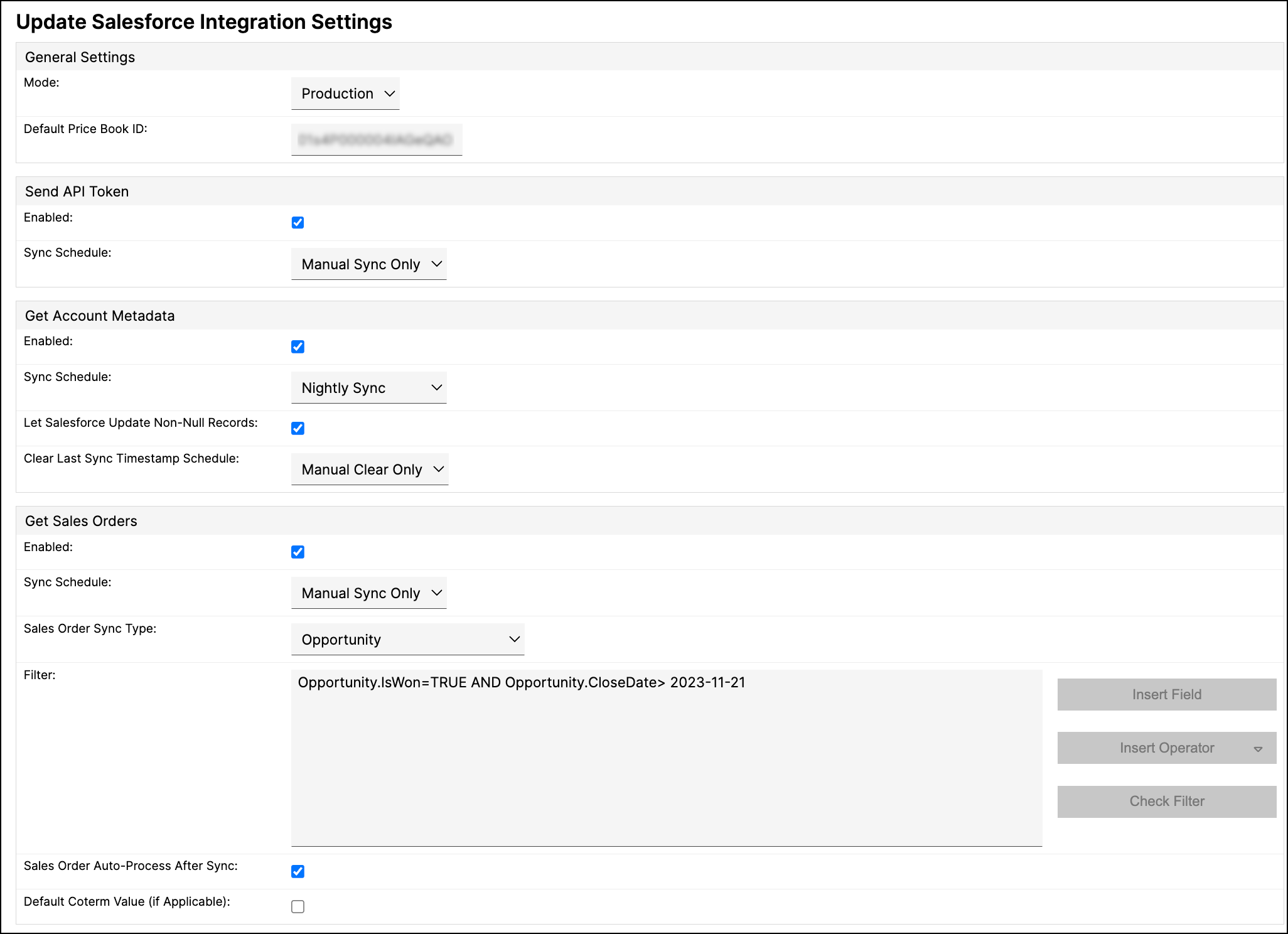the Update Salesforce Integration Settings form, giving each module an Enabled checkbox and a Sync Schedule