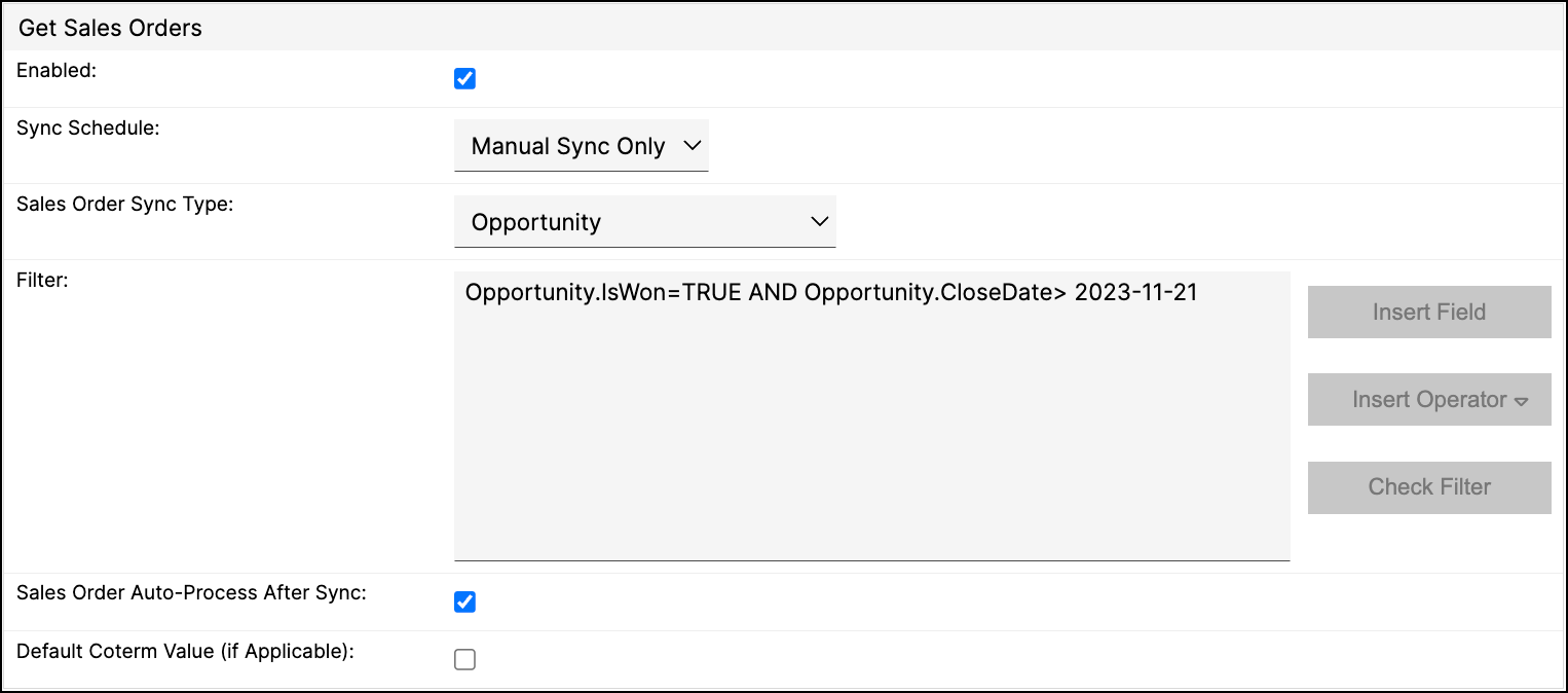 the Get Sales Orders settings, syncing Opportunity-type sales orders behind a won-and-close-date filter