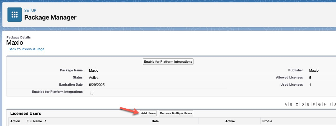the Package Manager details for the Maxio package, with an arrow to Add Users under Licensed Users