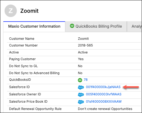 a customer record with an arrow to its Salesforce ID field, beside the Salesforce owner and price book IDs