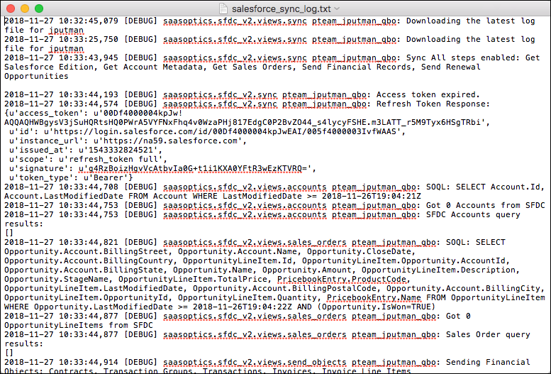 the downloaded sync log opened as a text file of timestamped sync entries