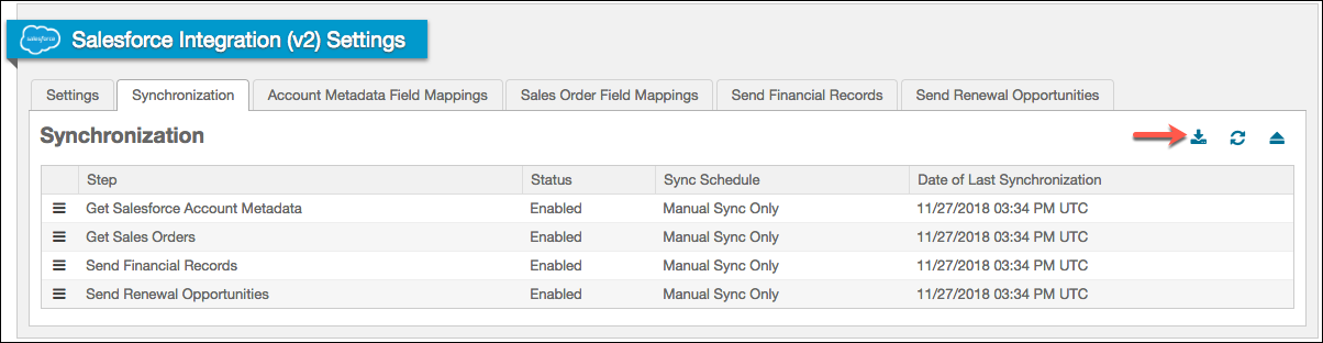 the Synchronization tab with an arrow to the sync log download icon above the step status table