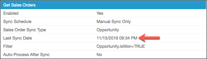 the Get Sales Orders settings with an arrow to the Last Sync Date field