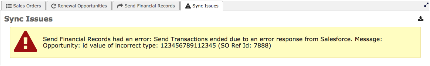 a sync issue banner whose error message ends with the Maxio Ref ID of the failing record