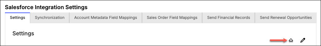 the Salesforce Integration Settings page with an arrow to the Disconnect icon