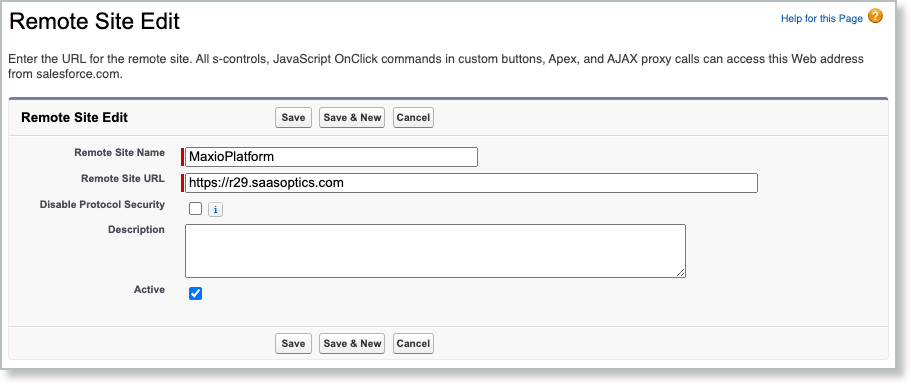 the Remote Site Edit form filled in with the name MaxioPlatform, a Maxio Platform URL and Active checked