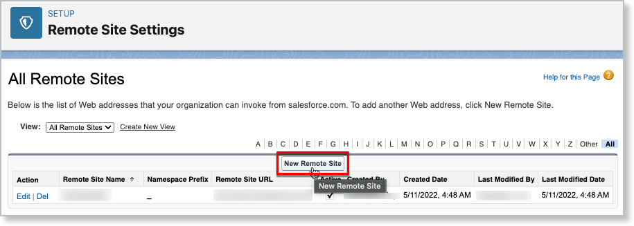 the All Remote Sites screen with New Remote Site outlined above the existing entries