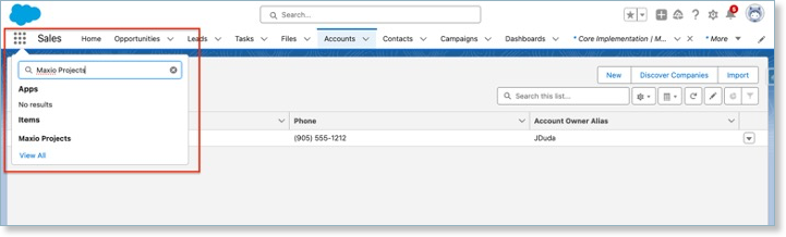 the App Launcher searched for Maxio Projects, with the app outlined in the results