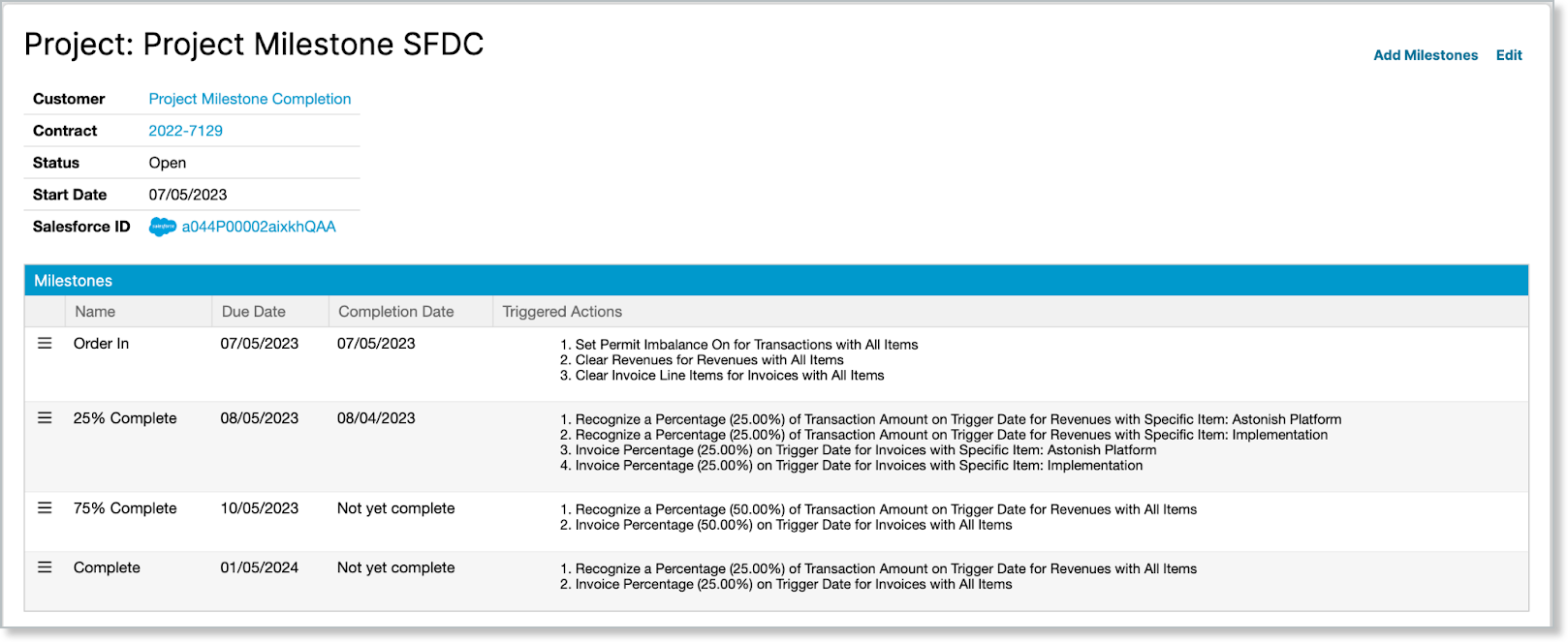 the project back in Maxio Platform, the milestone now carrying a completion date and its triggered actions