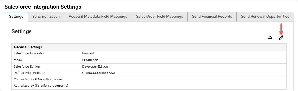 the Salesforce Integration Settings page, with an arrow to the Update Settings icon above the general settings