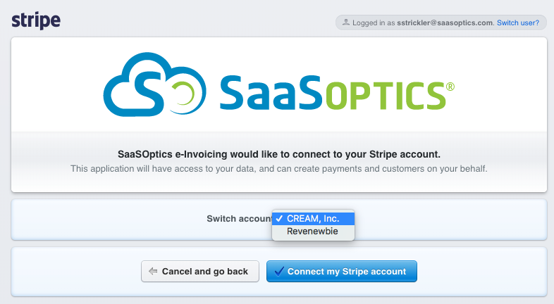 Stripe's authorization page, choosing which Stripe account to connect before confirming