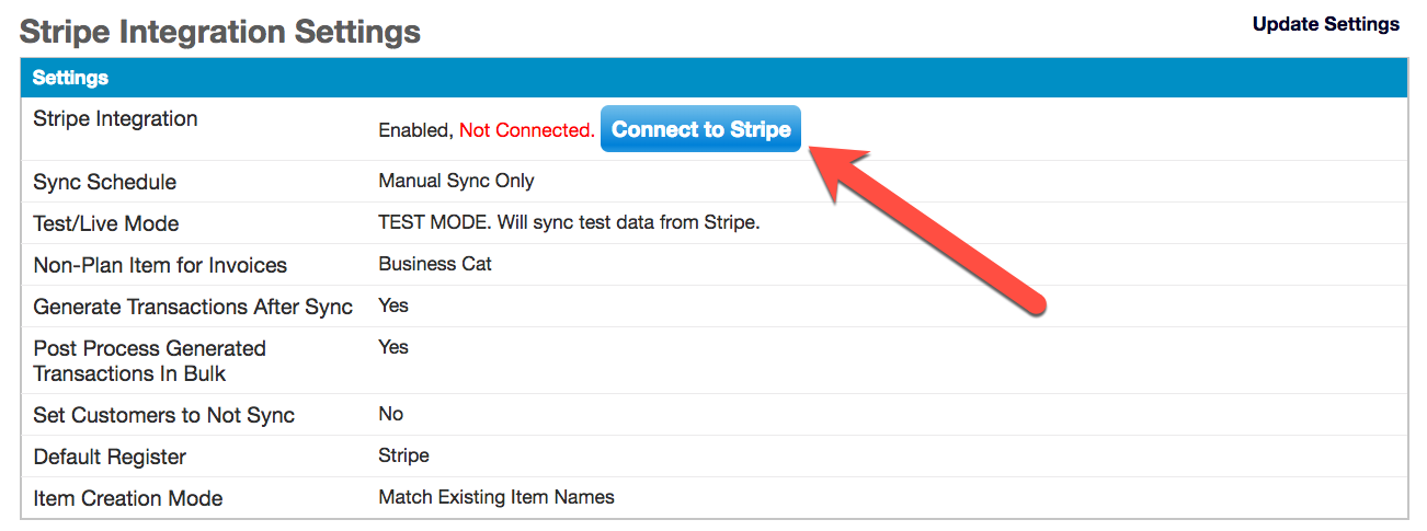 the Stripe Integration Settings showing Enabled but Not Connected, with an arrow to Connect to Stripe