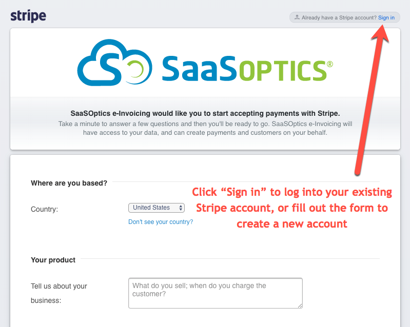 Stripe's onboarding page with a callout pointing to Sign in for an existing Stripe account