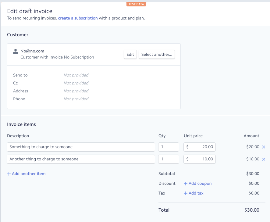 Stripe's Edit draft invoice screen, where both invoice items are free-text descriptions with no plan to select