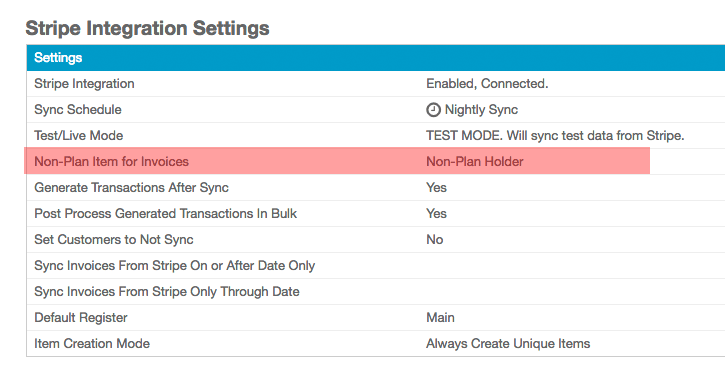 the Stripe Integration Settings table with Non-Plan Item for Invoices highlighted and set to Non-Plan Holder
