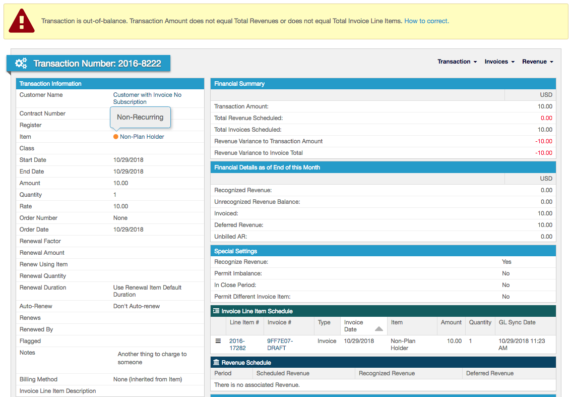 a generated transaction marked Non-Recurring, inheriting the Non-Plan Holder Item's properties