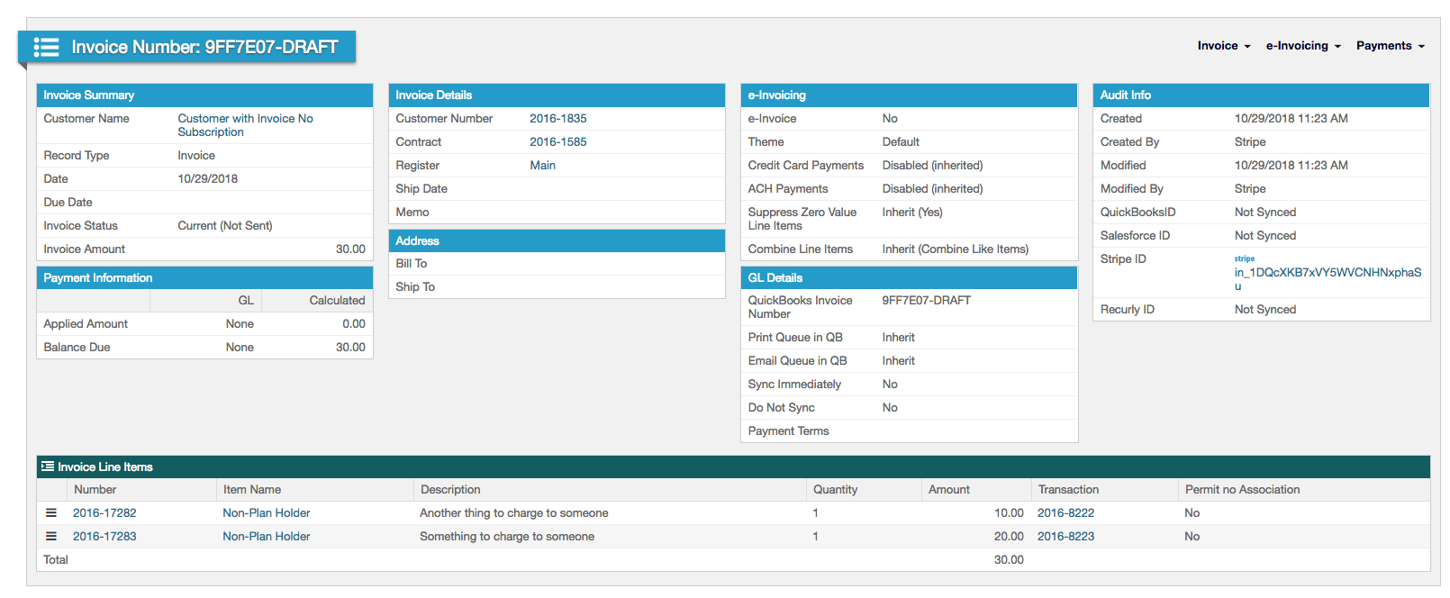 the synced Maxio Platform invoice, both line items carrying Non-Plan Holder as their Item