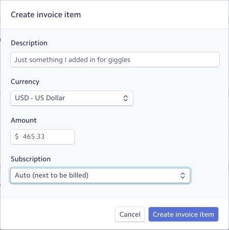 Stripe's Create invoice item form, offering description, currency, amount and subscription but no plan or item