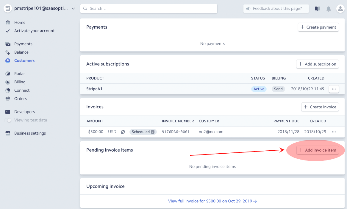 a Stripe customer's Pending invoice items section with Add invoice item circled