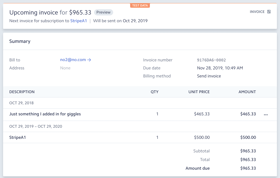 the resulting upcoming Stripe invoice, combining the added $465.33 line item with a $500.00 StripeA1 charge