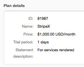 a Stripe Plan named StripeX, priced $1,000.00 USD per month with a one-day trial