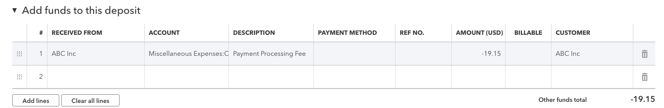 the Add funds to this deposit screen, listing the payments available to include in a deposit
