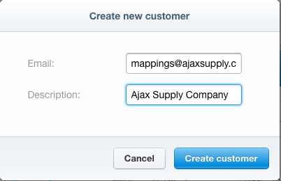 Stripe's Create new customer form, with an email address and the description Ajax Supply Company