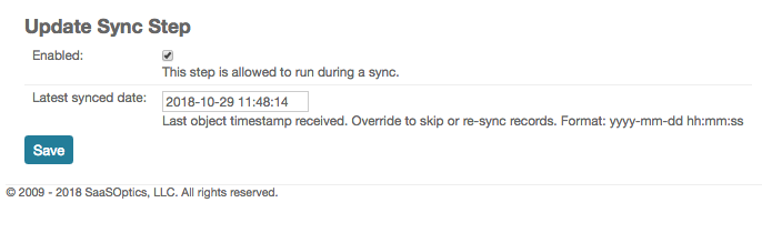 the Update Sync Step panel, with the Enabled checkbox above the latest synced date field