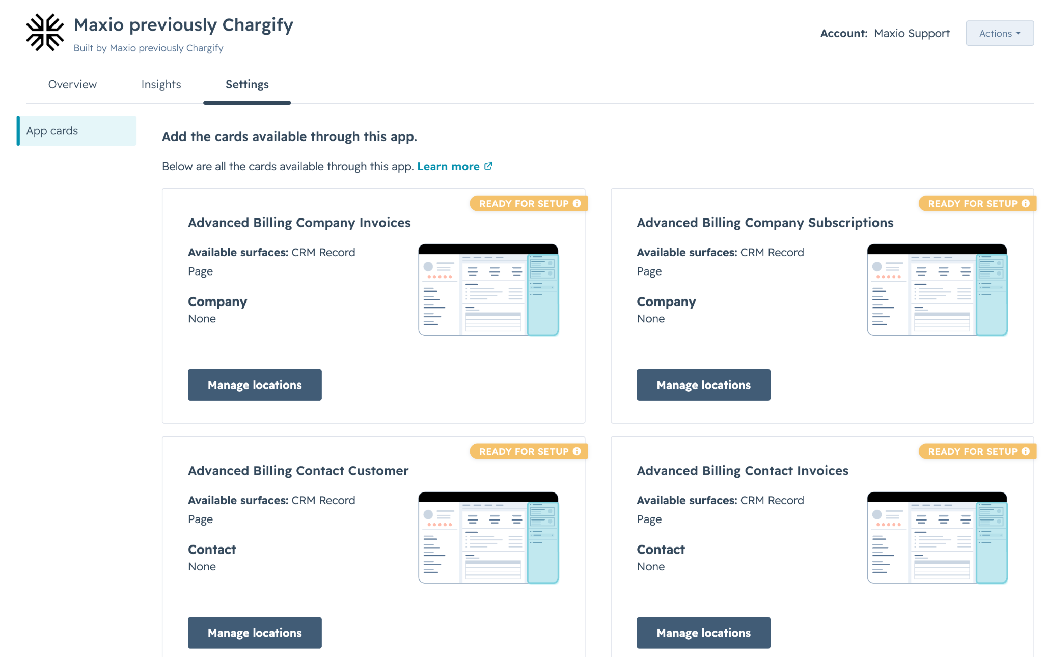 App cards tab on the Maxio Previously Chargify settings page